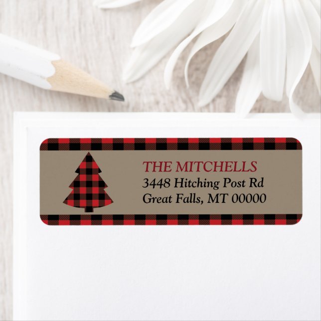 Étiquette Red Buffalo Plaid Bordure Arbre de Noël (En situation)