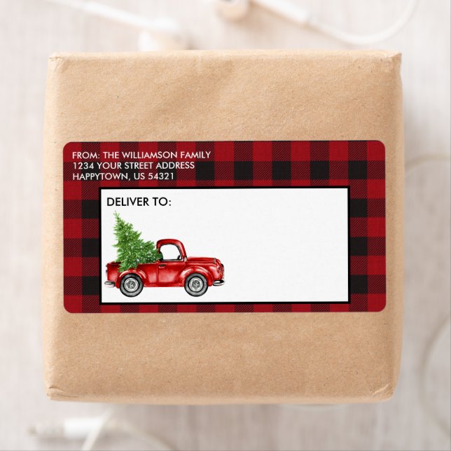 Étiquette Red Buffalo Plaid Camion Vintage Vacances Courrier (En situation)