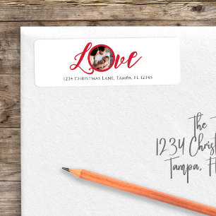 Étiquette Red Calligraphy Script Photo Love