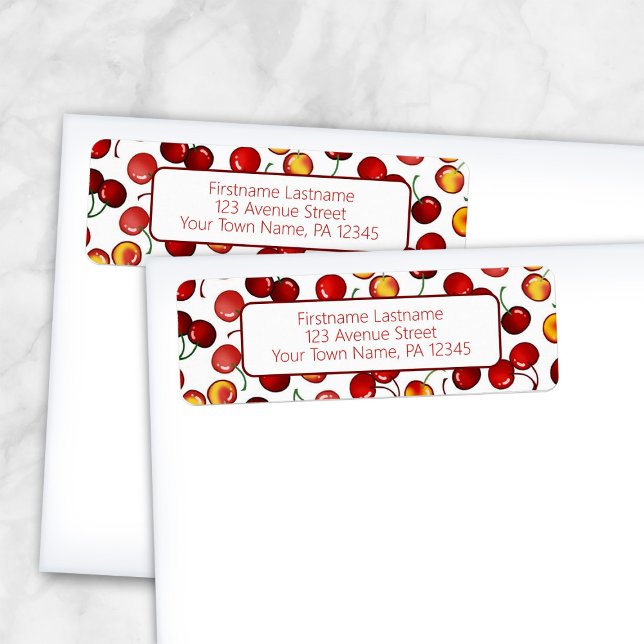 Étiquette Red Cherries Adresse de retour (Red Cherries Return Address Labels from Artistically Invited, as shown on envelopes.)