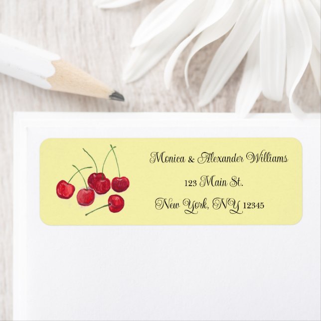 Étiquette Red Cherries Fruits Retour Adresse Mariage (En situation)