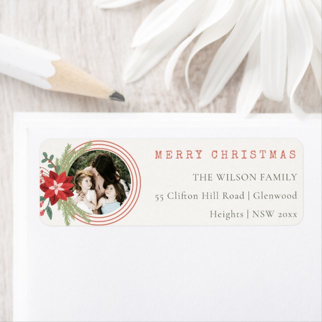 Étiquette Red Christmas Circle Photo Poinsettia Adresse (En situation)