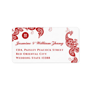 Étiquette Red Floral Boho Peacock Asiatique Chic Mariage Adr
