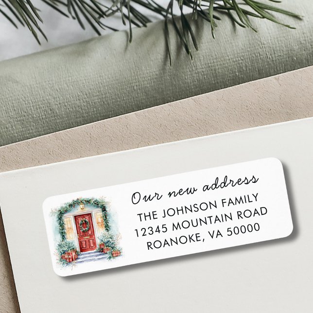 Étiquette Red Front Door Holiday Déménagement Adresse de ret (Red Front Door New Home Holiday Moving Announcement Return Addreses Label)