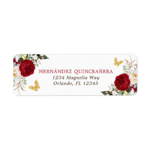 Étiquette Red Gold Floral Quinceañera Return Address