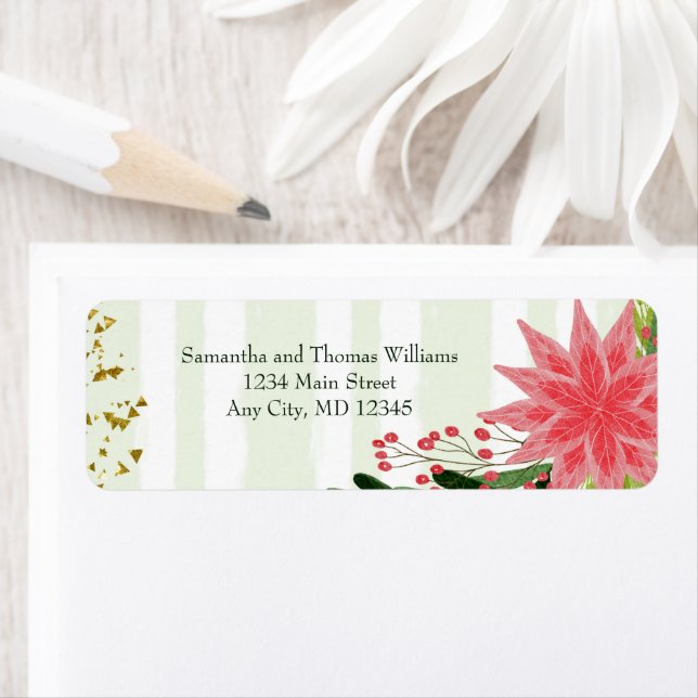 Étiquette Red Green Gold Sparkle Poinsettia retour de Noël (En situation)