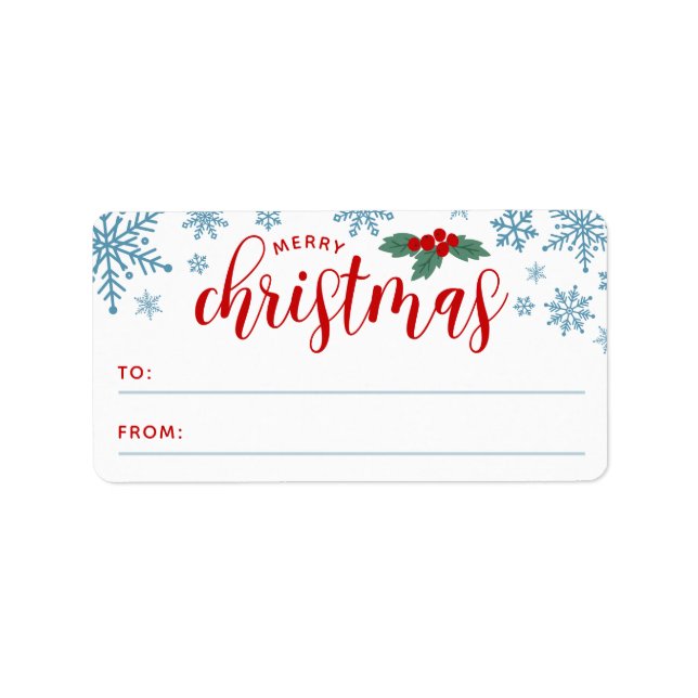 Étiquette Red Holly Blue Snowflakes Joyeux Noël à partir de (Devant)