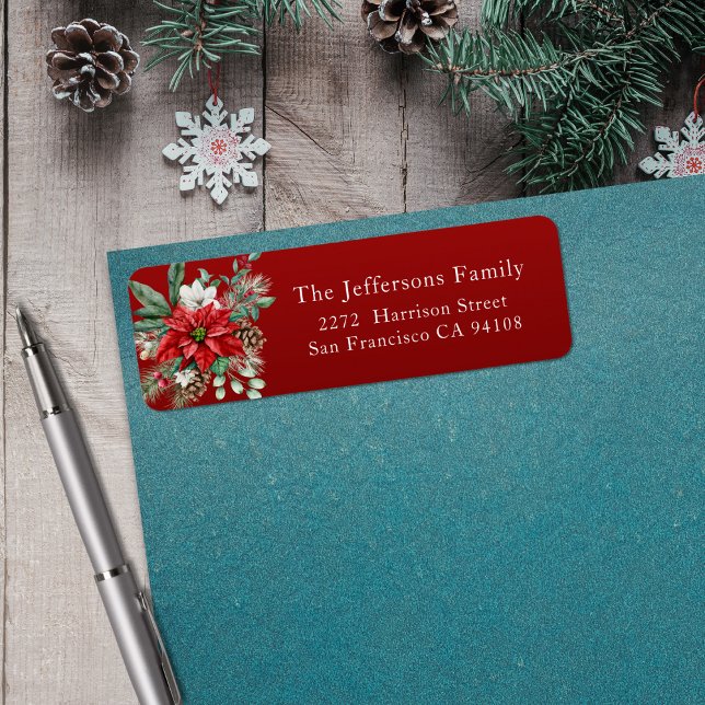 Étiquette Red Poinsettia Adresse de Noël (Red Poinsettia Christmas Address Label)