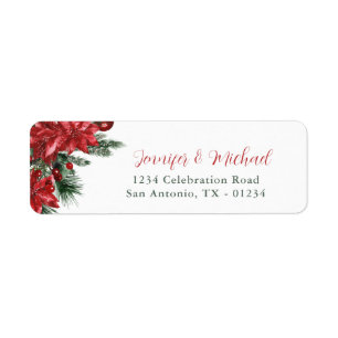 Étiquette Red Poinsettia Pine Green Mariage Adresse de retou