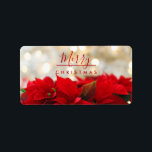 Étiquette Red Poinsettias with Golden Bokeh Christmas<br><div class="desc">Labels with a festive holiday photograph featuring a bouquet of red poinsettias along the bottom. Shimmering golden bokeh lights in the background. Classy sophisticated  style. Merry Christmas typography written in a trendy red font.</div>