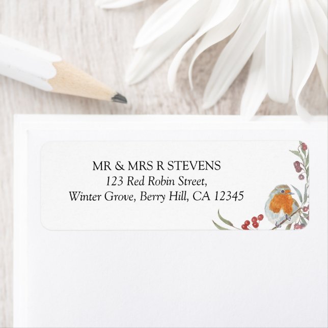 Étiquette Red Robin Berries Winter Watercolor Adresse de ret (En situation)