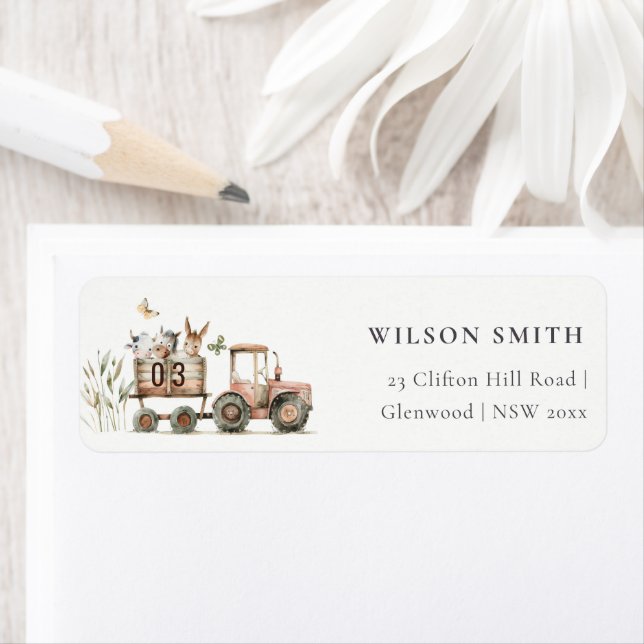 Étiquette Red Rust Farm Animaux Tractor Kids Adresse (En situation)