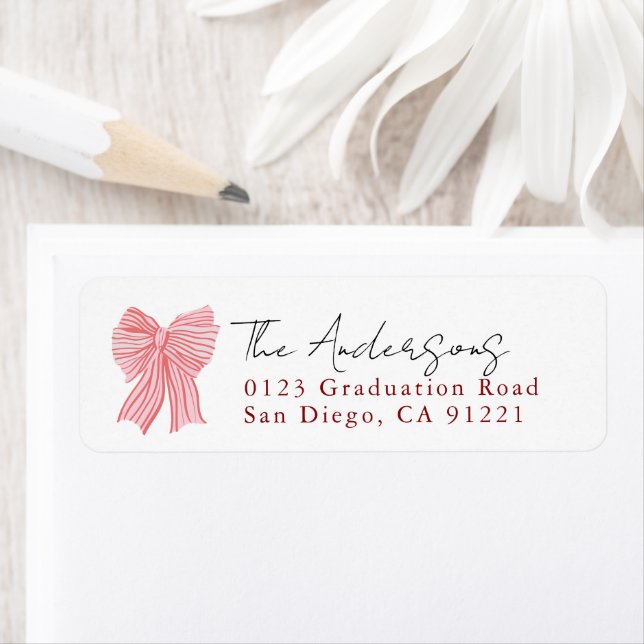 Étiquette Red Stripe Bow Ribbon Return Address (En situation)