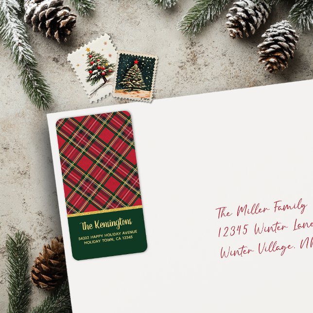 Étiquette Red Tartan Gold Script Holiday Adresse de retour (Red Tartan Gold Script Holiday Return Address Labels)