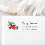 Étiquette Red Truck Christmas Tree Script Adresse de retour<br><div class="desc">Changez facilement le nom et l'adresse en cliquant sur le bouton "Personnaliser" au-dessus de CONSEIL : Découvrez les autres articles avec ce design,  y compris les fournitures de fête,  les sacs cadeaux,  le papier d'emballage,  les ornements et bien plus dans la collection ci-dessous</div>