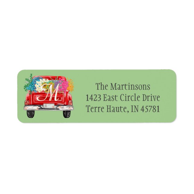 Étiquette Red Truck Flowers Custom Monogram Adresse de retou (Devant)