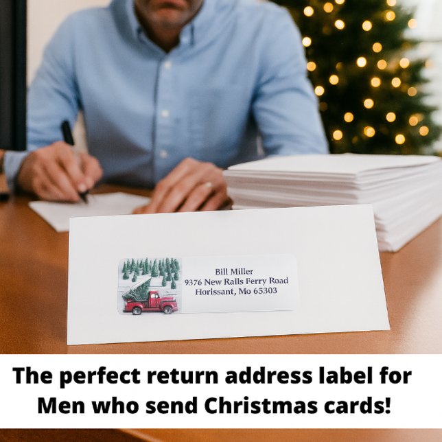 Étiquette  Red Truck with Christmas Tree Return Address  (Festive and masculine this vintage red truck label is perfect for men who mail holiday cheer.)