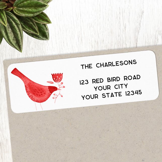 Étiquette Red Watercolor Bird Adresse de retour (Red watercolor bird personalized return address label, ideal for Christmas and the winter holidays)