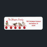 Étiquette Red White Birds Santa Hat Christmas Retour Adresse<br><div class="desc">Étiquettes de retour amusants et modernes pour Noël (Noël) Cartes de voeux / enveloppes de Noël. Éperviers,  oiseaux sur des boules d'ornement rouge avec le casquette du Père Noël. Lettres modernes ROUGES pour nom de famille et adresse. La couleur et la police de la lettre peuvent être modifiées.</div>