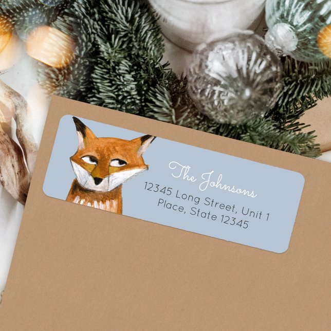 Étiquette Renard mignon bleu Vacances Noël (Christmas Holiday Woodland Animal Fox address label)