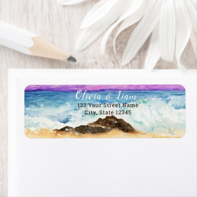 Étiquette Retour à la plage rocheuse aquarelle océan (En situation)