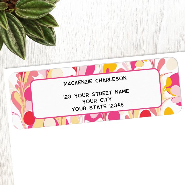 Étiquette Retourner l'adresse Super Abstraite de marbre (Retro groovy marbled pink yellow abstract return address label)