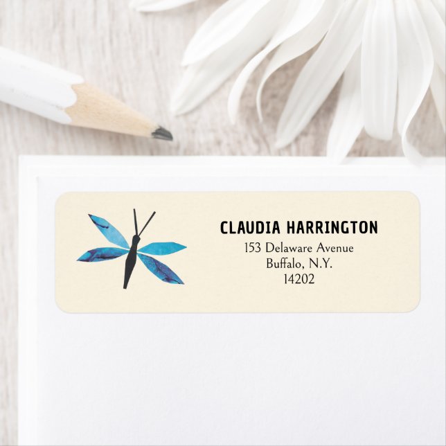 Étiquette Retro Blue Dragonfly Original Art Return Adresse (En situation)