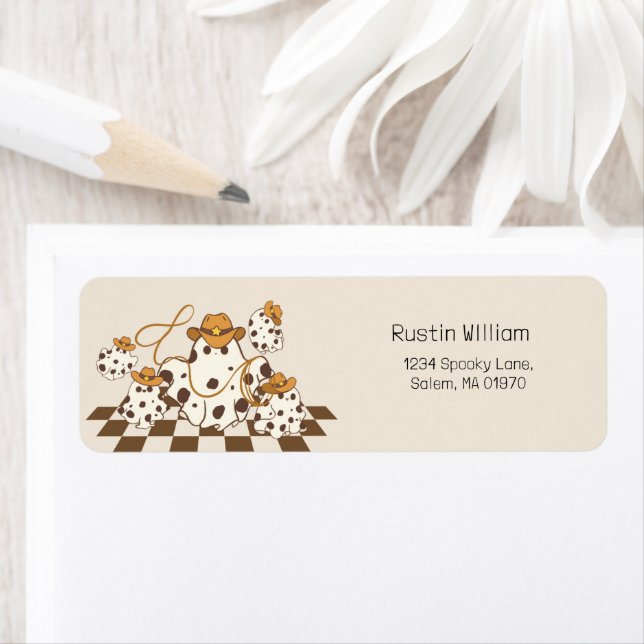 Étiquette Retro Cowboy Halloween À damiers Motif Super (En situation)