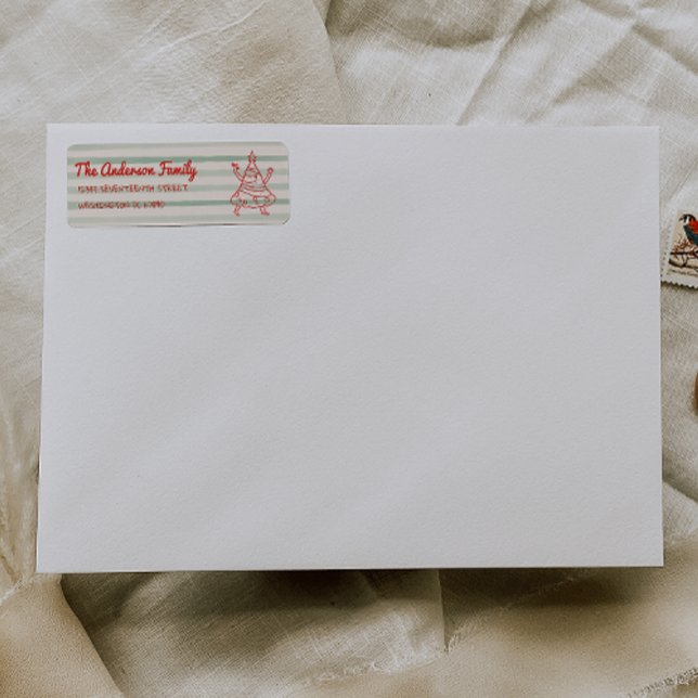 Étiquette Retro Drawn Green Red Funny Christmas Tree Address (Créateur téléchargé)