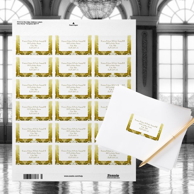 Étiquette Retro Gold Green Mariage damassé (Créateur téléchargé)