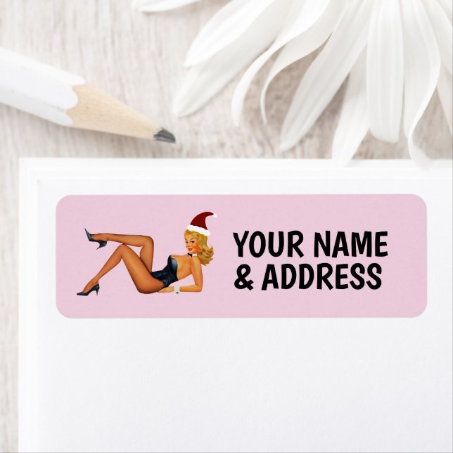 ÉTIQUETTE RETRO PINUP GIRL CHRISTMAS RETURN ADDRESS LABELS (En situation)