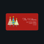 Étiquette Retro Red Christmas Retour Adresse<br><div class="desc">Joli,  dessin animé,  moderne rétro rouge marque d'adresse de retour de Noël,  avec de mignons pins colorés et écriture manuscrite tendance.</div>