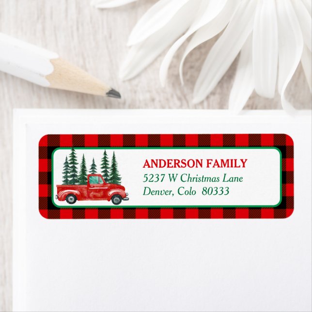 Étiquette Retro Red Truck Arbre de Noël Adresse de retour (En situation)