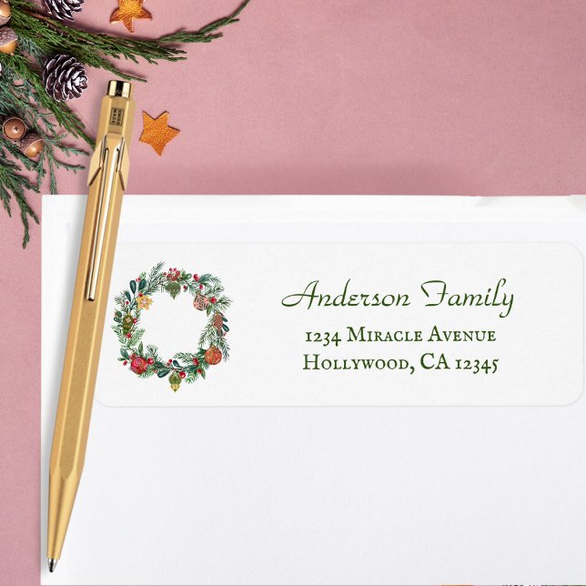 Étiquette Retro Vintage Noël Wreath & Ornaming Custom (Créateur téléchargé)