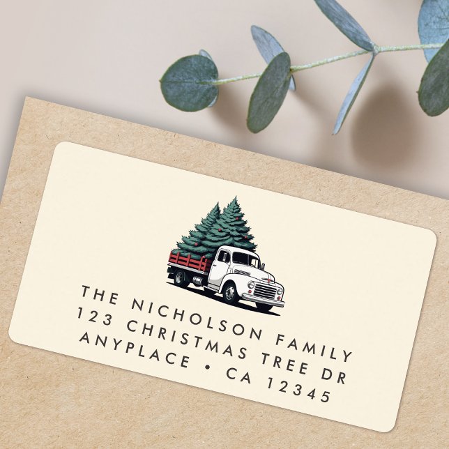 Étiquette Return Address Label | Christmas Tree Truck Cream (Retro vintage Christmas tree delivery truck address labels for Holiday card mail & festive parcels)