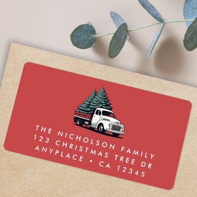 Étiquette Return Address Label | Christmas Tree Truck Red (Retro vintage Christmas tree delivery truck address labels for Holiday card mail & festive parcels)