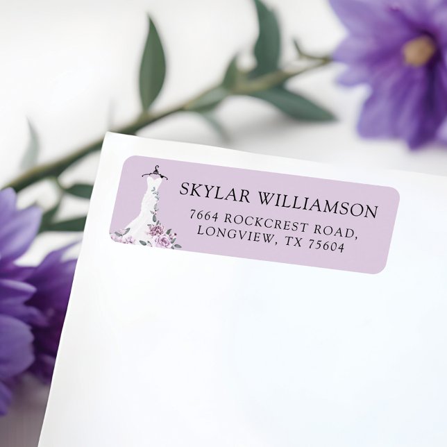 Étiquette Robe de mariée blanche aux florales lavande Shower (Lavender Florals White Wedding Dress Bridal Shower Label)