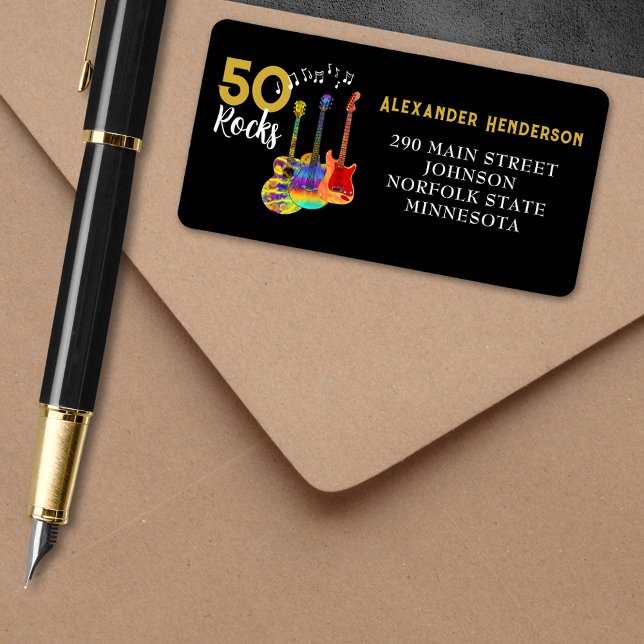 Étiquette Rock and Roll 50e anniversaire RSVP (Rock and roll 50th birthday party RSVP return address label funky guitars cool gold typography black)
