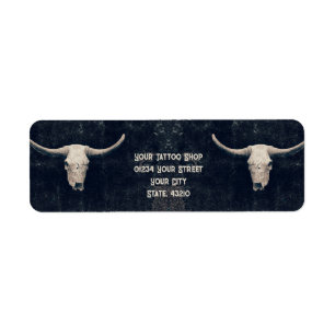 Étiquette Rodeo Black Rustic Western Tattoo Shop Bull Skull