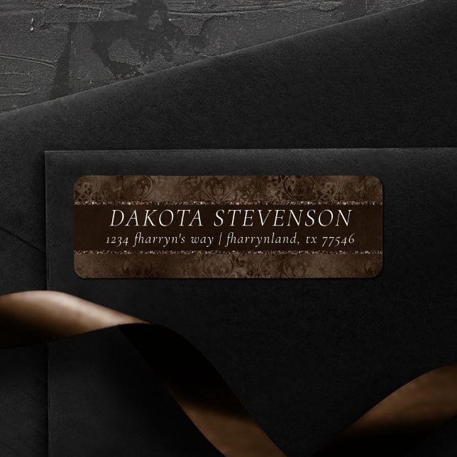 Étiquette Romance en bronze de minuit | Satiny Grunge Damask (Créateur téléchargé)