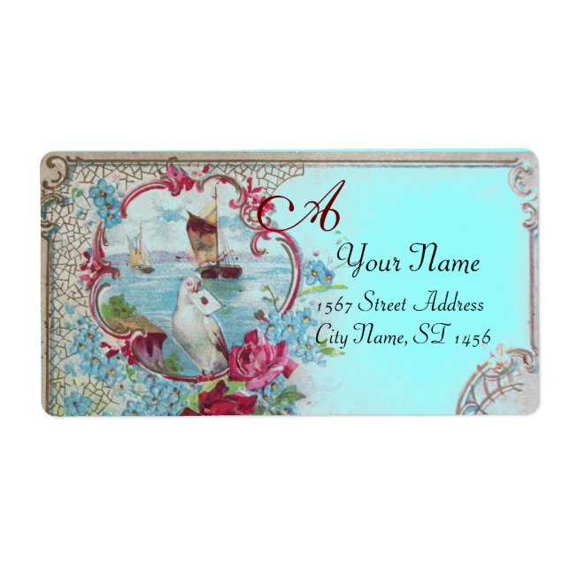 ÉTIQUETTE ROMANTICA, DOVE, BUE FLORAL BEACH MONOGRAM MARIAGE (Devant)