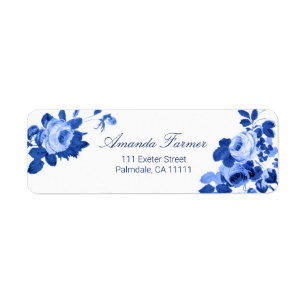 Étiquette Romantique Vintage Roses-Bleu sur Blanc