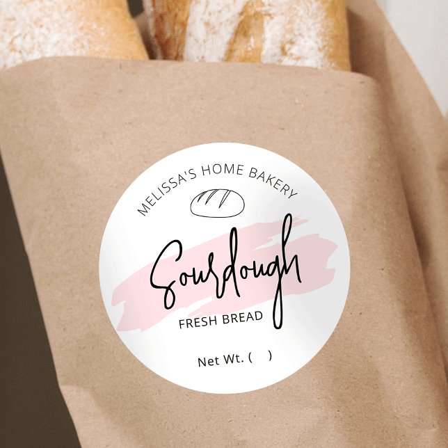 Étiquette rond de pâte à pain rose (Modern pink aesthetic watercolor bread baker packaging labels with fully editable text & colors)