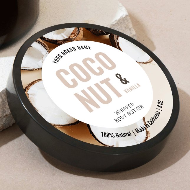 Étiquette rond de pot de beurre moderne avec photo (Round product label with bold type in neutral beige with custom photo background)