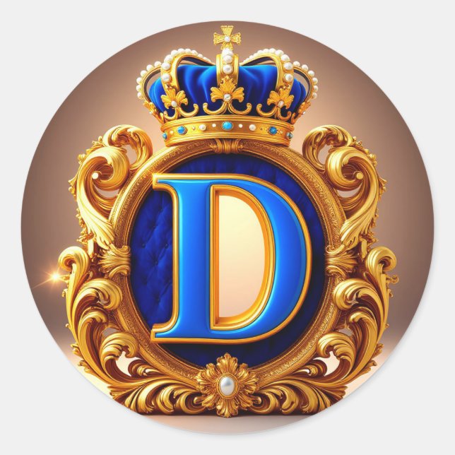 Étiquette ronde monogramme couronne lettre D bleue (Devant)