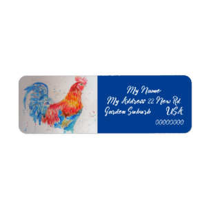 Étiquette Rooster bleu rouge Aquarelle Retourner l'adresse É