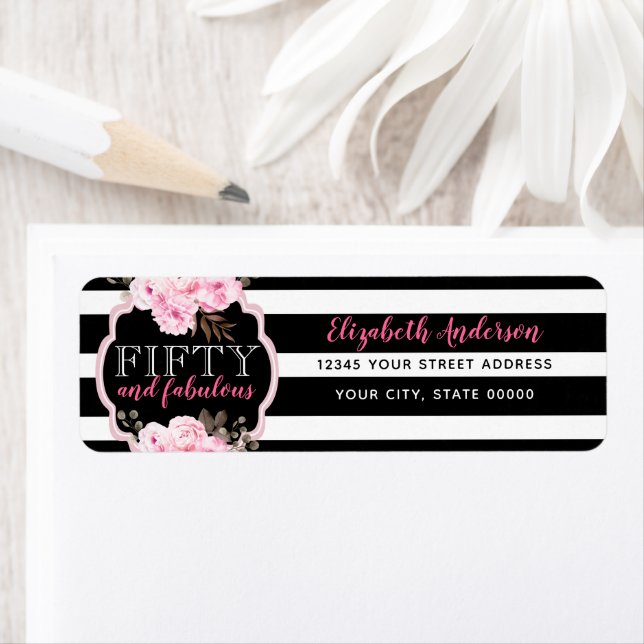 Étiquette Rose 50 & Fabuleux floral noir & blanc bande (En situation)
