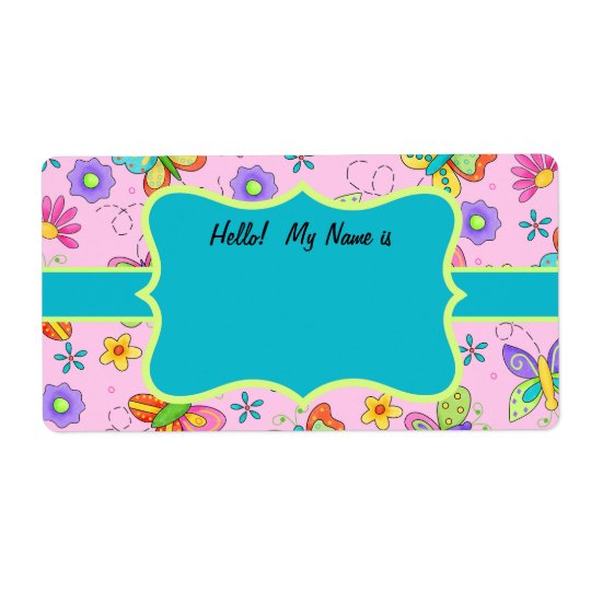 Étiquette rose de nom de turquoise de papillons