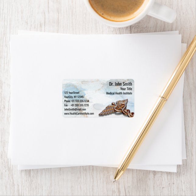 Étiquette Rose en cuivre Médicale Caduceus Gold Luxe Marbre (En situation)