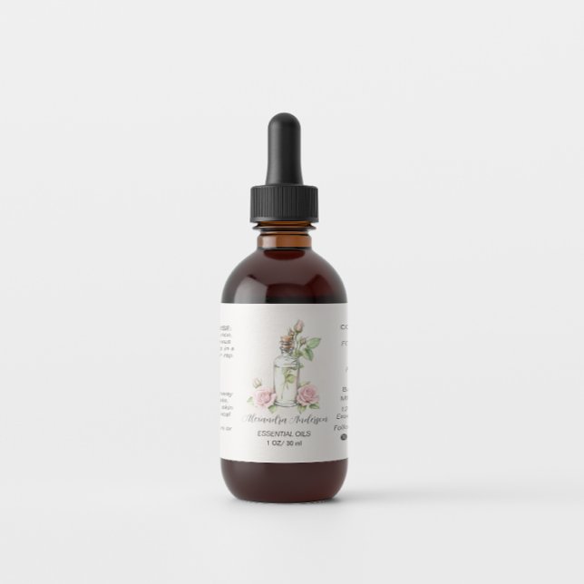 Étiquette Rose Essential Oils Bouteille Aquarelle Florale (Rose Essential Oils Bottle Watercolor Floral Label)